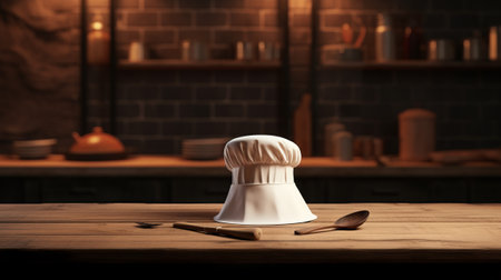 Chef hat on wooden table in kitchen. Cooking utensilsの素材