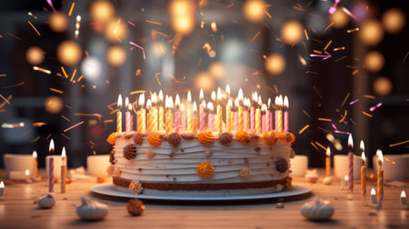 Birthday cake with burning candles on wooden table in room with bokehの素材