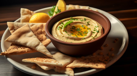 Bowl with tasty hummus and pita bread on wooden tableの素材