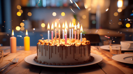 Birthday cake with burning candles on wooden table in kitchen at nightの素材
