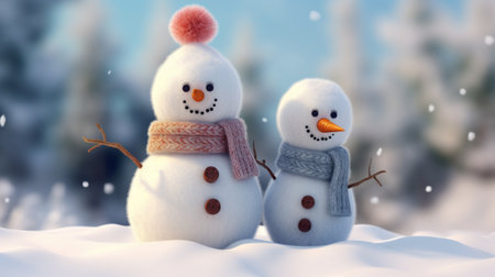 Snowman family in the winter forest. 3d rendering illustration.の素材