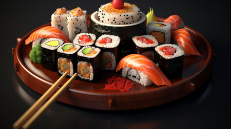 Sushi set on a wooden plate with chopsticks. 3d illustrationの素材