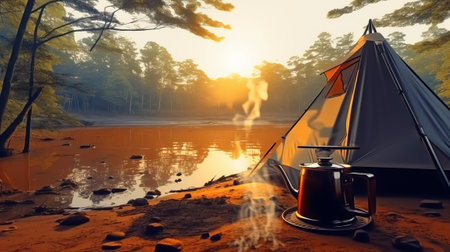 Camping on the lake in the forest at sunset. 3d renderingの素材