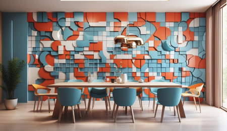 Interior of modern dining room with blue and orange mosaic wall. 3d renderの素材
