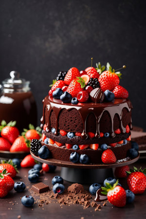 Chocolate cake with fresh berries and chocolate glaze on dark backgroundの素材