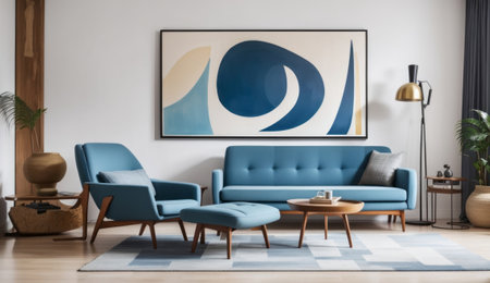 Modern living room interior with blue sofa, coffee table and poster. 3d renderingの素材