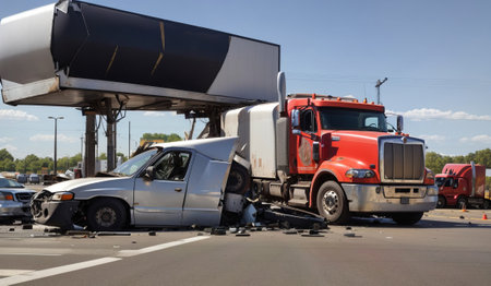 Truck accident on the road in the city. Damaged carsの素材