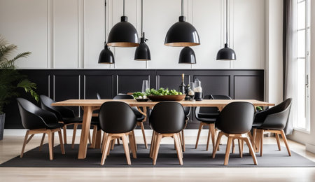 Interior of modern dining room with black and white walls, wooden floor, round wooden table and black chairs. 3d renderingの素材