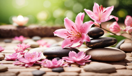 zen basalt stones and pink lily flower on green nature backgroundの素材