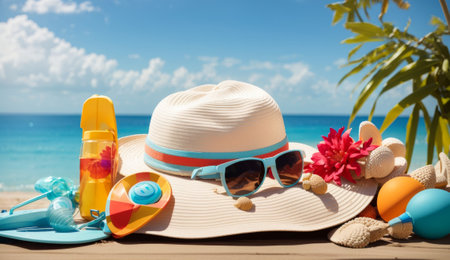 Beach hat, sunblock and sunglasses on wooden deck against blue seaの素材