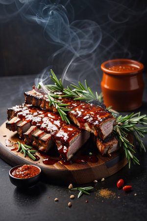 Grilled pork ribs with sauce and rosemary on wooden board.の素材