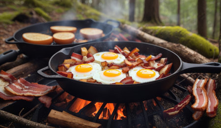 Fried eggs with bacon in a frying pan in the forest.の素材