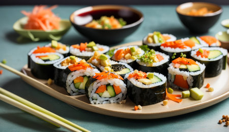 Sushi roll with salmon, avocado, cucumber and sesame seedsの素材