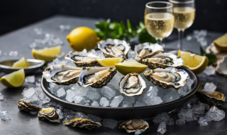 Fresh oysters with ice and two glasses of white wine on dark backgroundの素材
