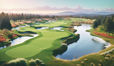 Golf course with green grass and beautiful landscape. 3d renderingの素材