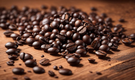Coffee beans on a wooden background. Selective focus.の素材