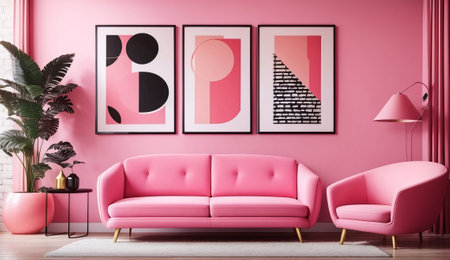 Modern living room interior with pink sofa and posters on wall. Mock upの素材