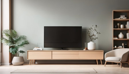 Modern living room interior with TV on wooden cabinet. 3d renderingの素材