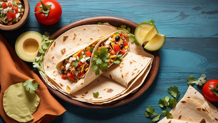 Plate with tasty mexican tacos and ingredients on wooden backgroundの素材