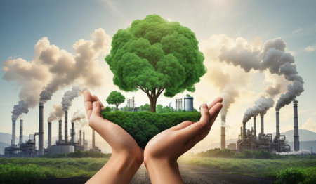 Ecology concept with human hands holding green tree in the air.の素材