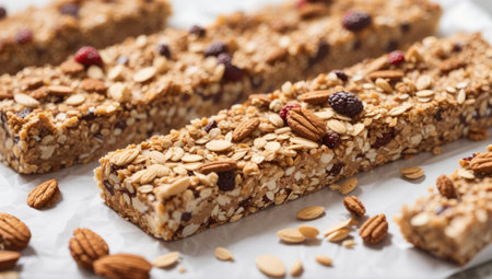 Healthy granola bars with nuts and berries on baking paper.の素材