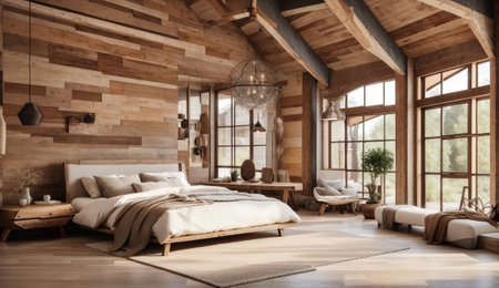 3d rendering of a modern rustic bedroom with wooden walls and wooden floorの素材
