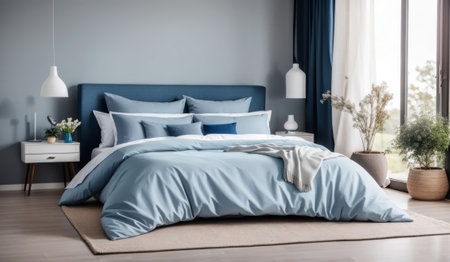 Interior of modern bedroom with blue pillows on bed. Nobody insideの素材