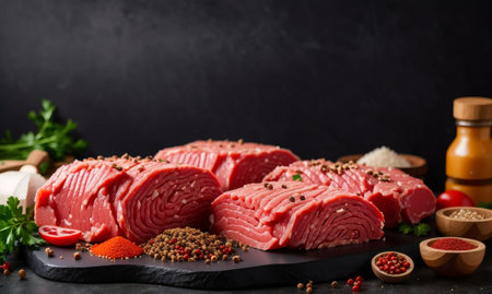 Raw beef meat with spices and vegetables on a black stone background.の素材