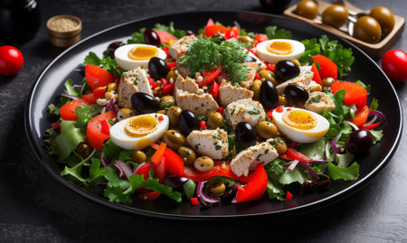 Healthy salad with chicken, olives, tomatoes and quail eggsの素材