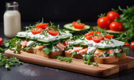 Tasty sandwiches with salmon, cucumber, tomatoes and cream cheeseの素材