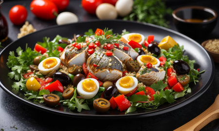 Seafood salad with quail eggs, tomatoes, olives and herbsの素材