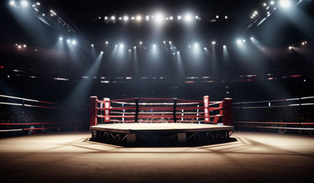 Boxing ring in a dark arena with bright spotlights. Mixed mediaの素材