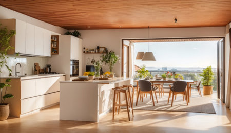 interior of modern house, kitchen and dining room with wooden floorの素材