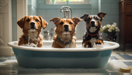 Three dogs taking a bath in a bathtub with soap and waterの素材