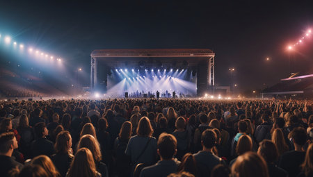 Crowd at a concert in front of a bright stage with spotlightsの素材