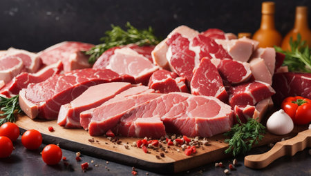 Raw pork meat on cutting board with herbs and spices on dark backgroundの素材
