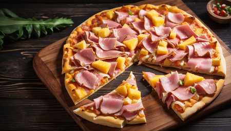Pizza with ham, cheese and pineapple on a wooden background.の素材