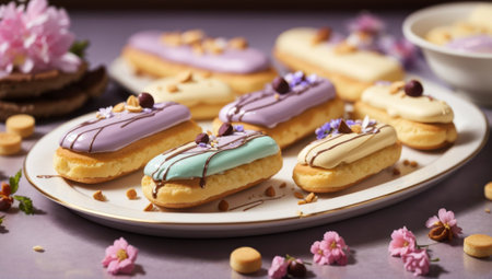 Delicious eclairs with lilac icing and pistachiosの素材
