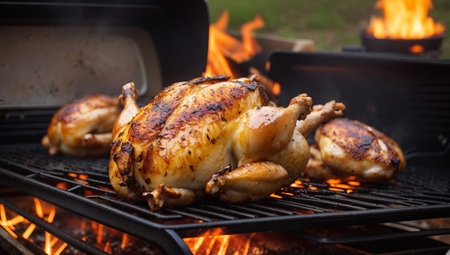 Grilled chicken on a barbecue grill with flames in the background.の素材