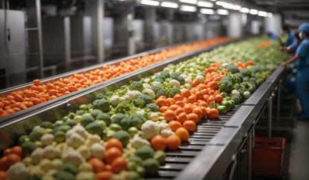 Fruits and vegetables in a conveyor belt in a modern factoryの素材