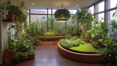 Interior of a modern green house with plants and flowers in potsの素材