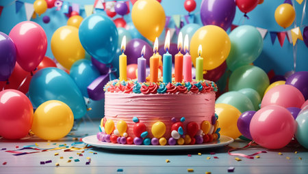 Birthday cake with candles and balloons on blue wooden table, closeupの素材
