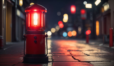Red fire hydrant on a city street at night in Japan.の素材