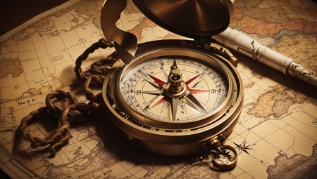 Compass and rope on old map. Vintage style toned pictureの素材