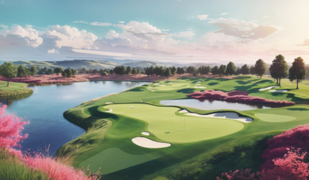 Golf course with beautiful lake and blue sky. 3d renderingの素材