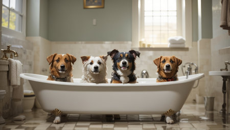 Group of dogs taking a bath in the bathroom. Pet care conceptの素材