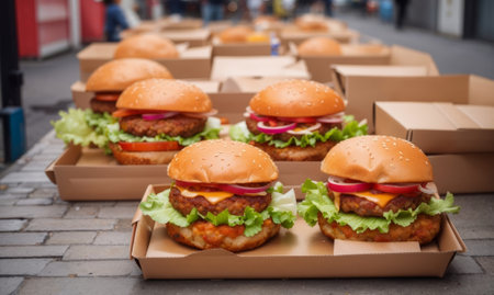Closeup of hamburgers in cardboard boxes at street food marketの素材