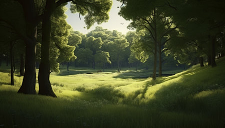Sunset in the green forest. 3d render, 3d illustrationの素材