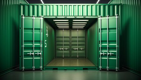 3d rendering of a cargo container in a warehouse with green wallsの素材