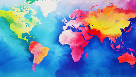 Watercolor map of the world. Colorful watercolor background.の素材